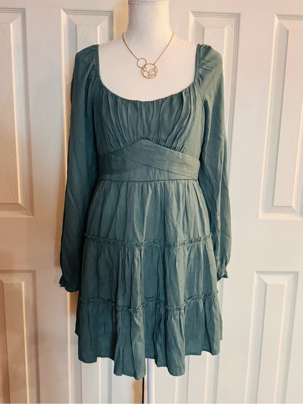 Altar'd State Teal Long Sleeve Tiered Mini Dress